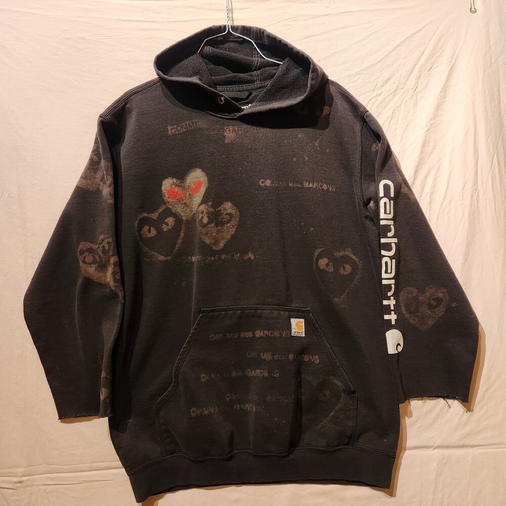 Carhartt Men's Large Tall Distressed Customized Heart Print Hoodie Dark Brown